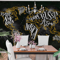 Custom Bold Chalkboard-Style World Map Wall Mural Wallpaper with Hand-Lettered Typography