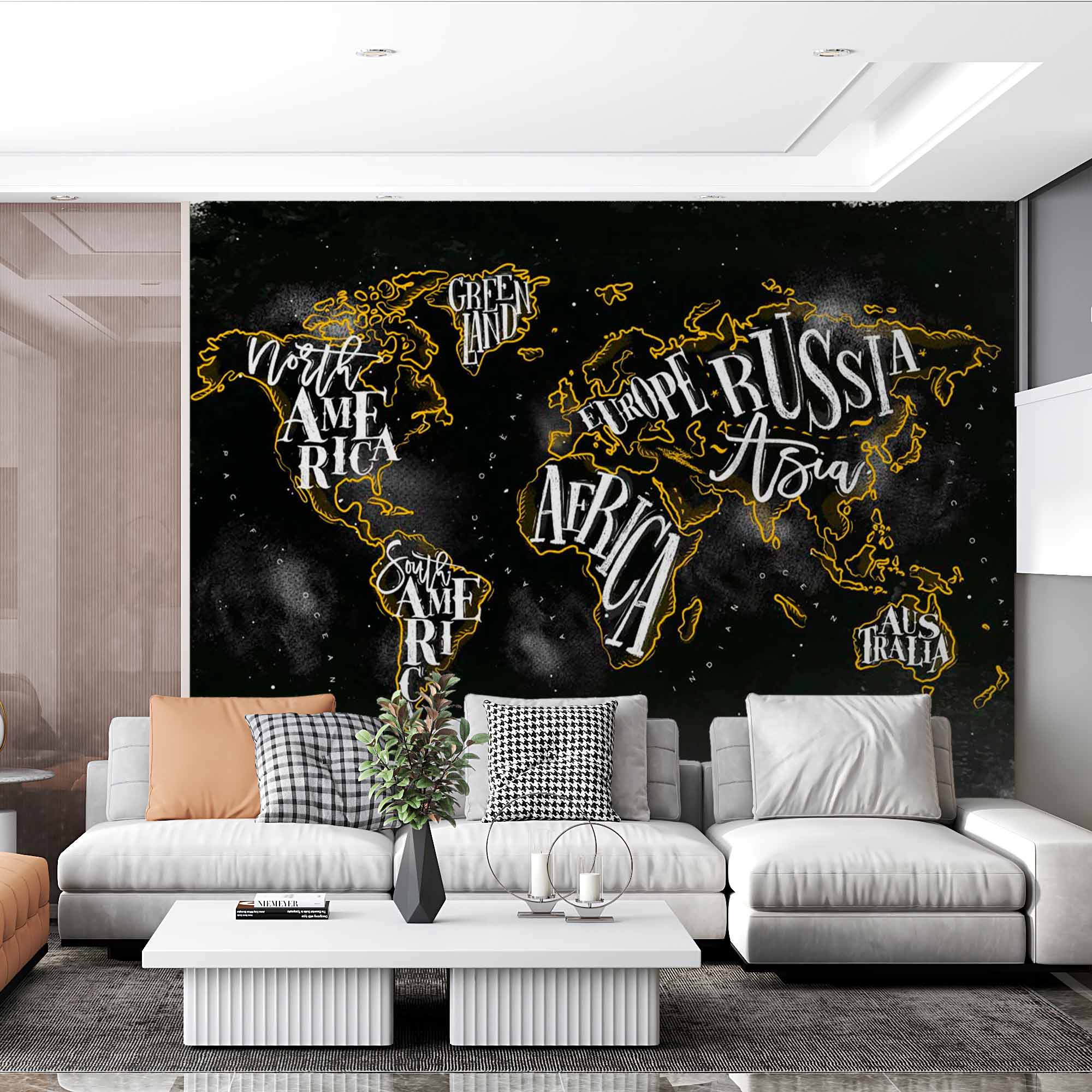 Bold Chalkboard-Style World Map Wall Mural Wallpaper with Hand-Lettered Typography