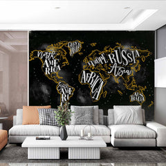 Custom Bold Chalkboard-Style World Map Wall Mural Wallpaper with Hand-Lettered Typography