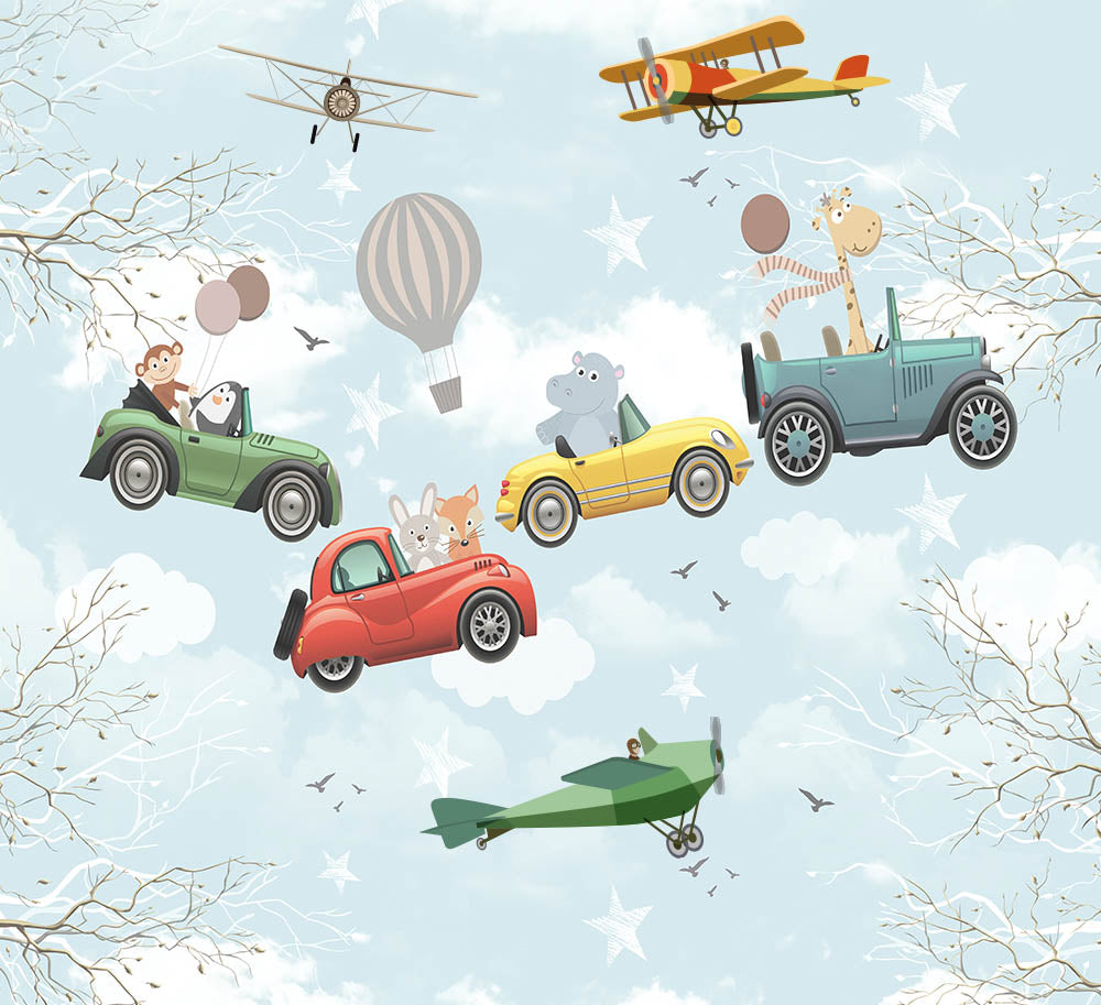 Kids Wall Mural Cute Animals Cars Hot Air Balloon Wallpaper for Kids