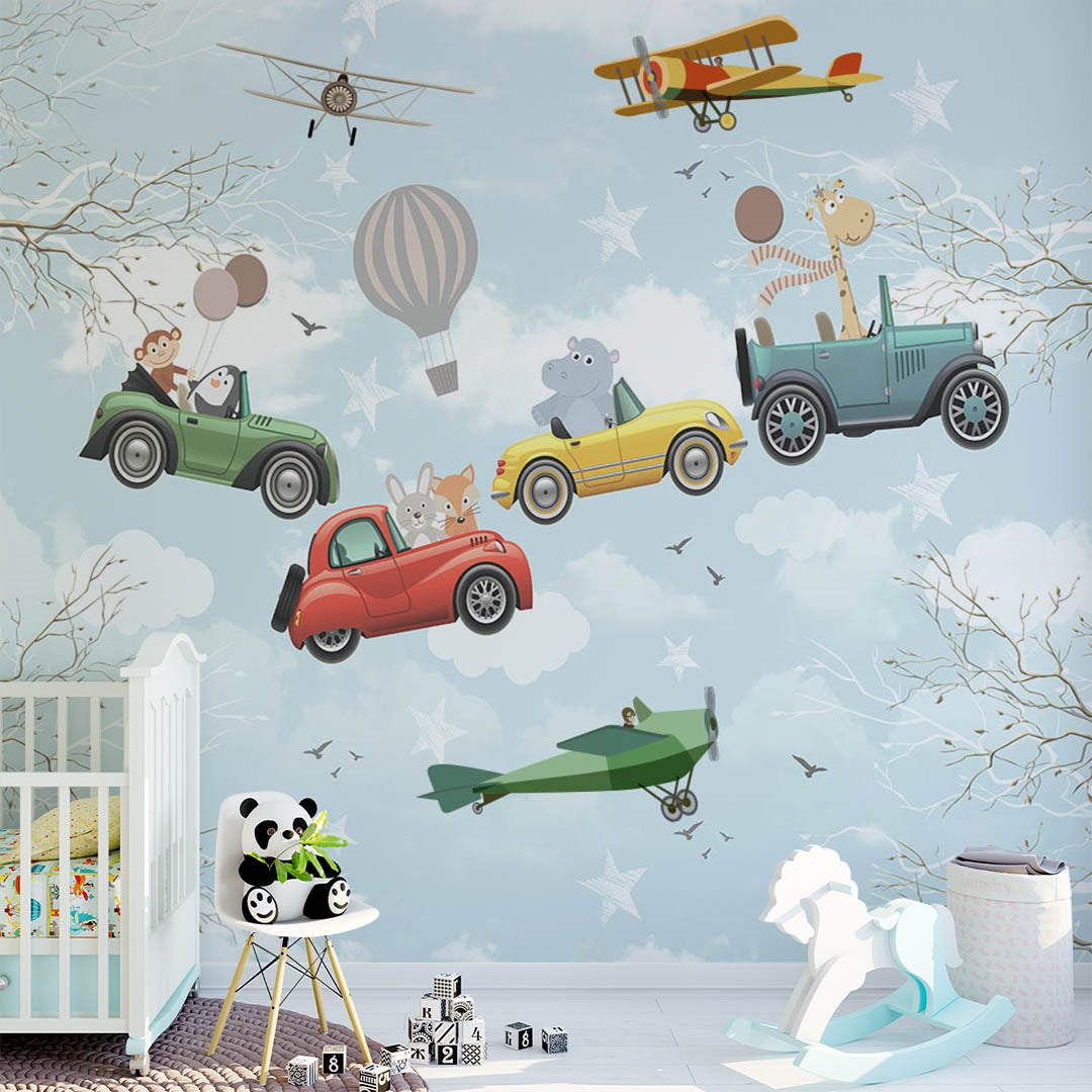 Kids Wall Mural Cute Animals Cars Hot Air Balloon Wallpaper for Kids