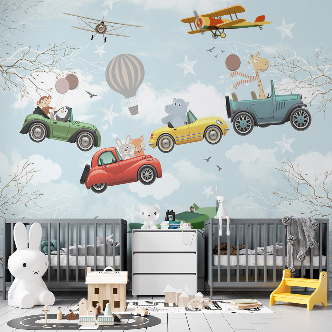 Kids Wall Mural Cute Animals Cars Hot Air Balloon Wallpaper for Kids