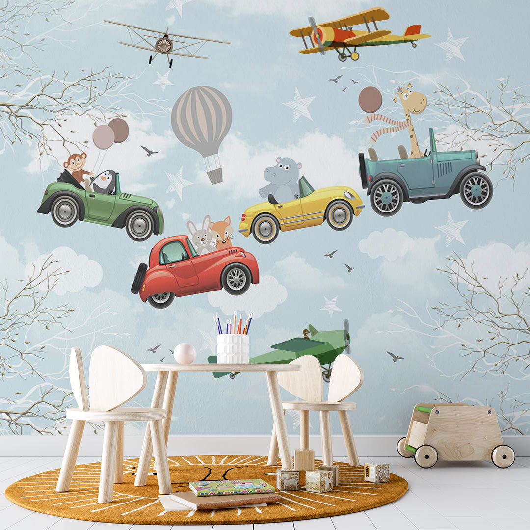 Kids Wall Mural Cute Animals Cars Hot Air Balloon Wallpaper for Kids