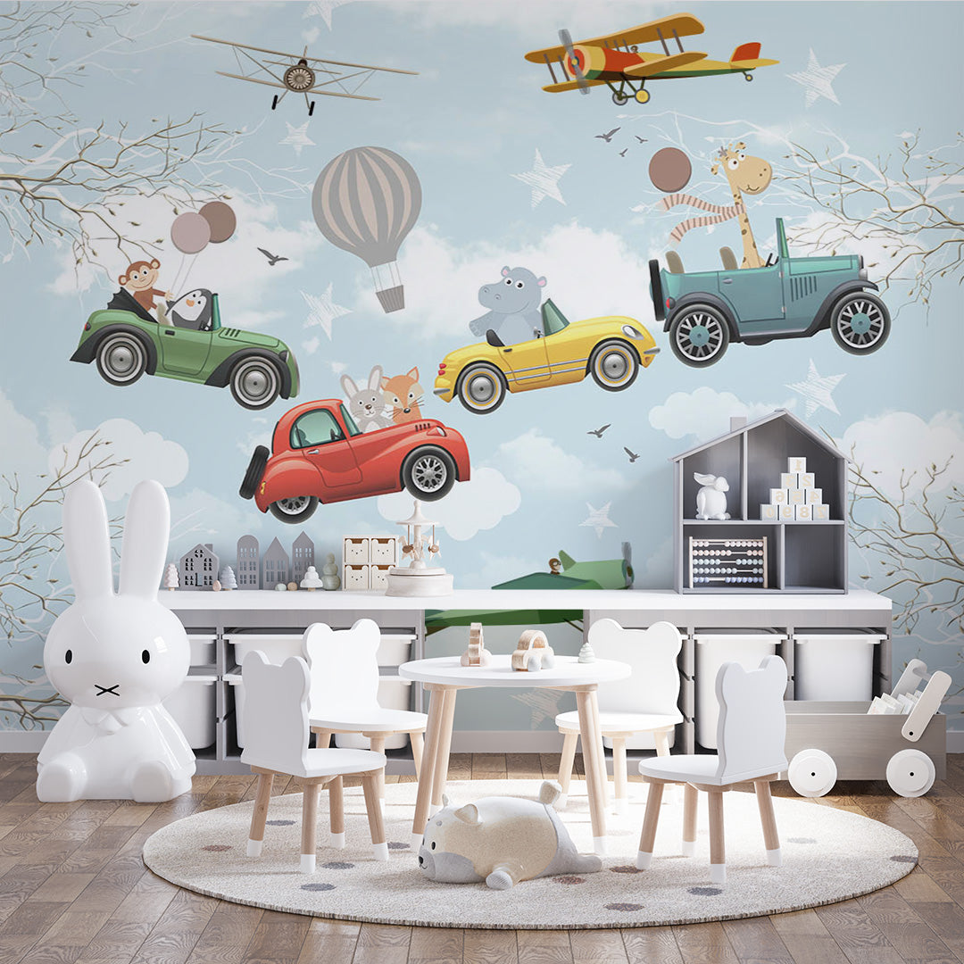 Kids Wall Mural Cute Animals Cars Hot Air Balloon Wallpaper for Kids