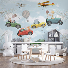 Custom Kids Wall Mural Cute Animals Cars Hot Air Balloon Wallpaper for Kids