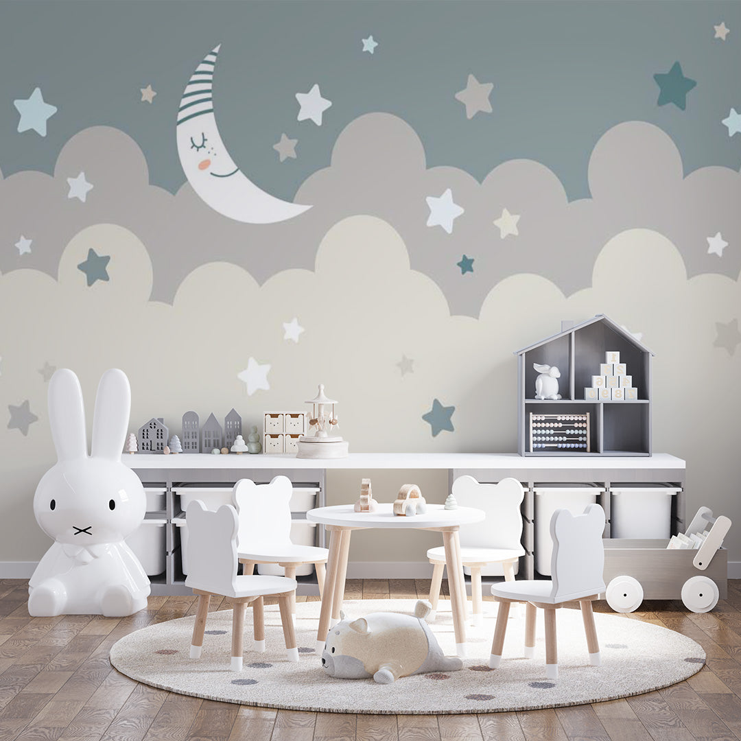 Kids Wall Murals Moon Blue Stars Nursery Wallpaper for Kids