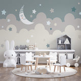 Kids Wall Murals Moon Blue Stars Nursery Wallpaper for Kids