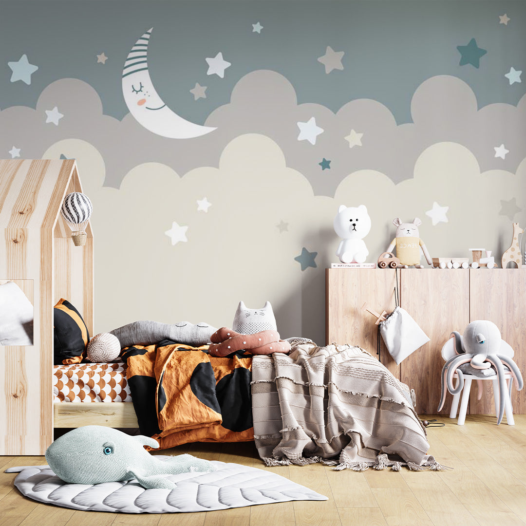 Kids Wall Murals Moon Blue Stars Nursery Wallpaper for Kids