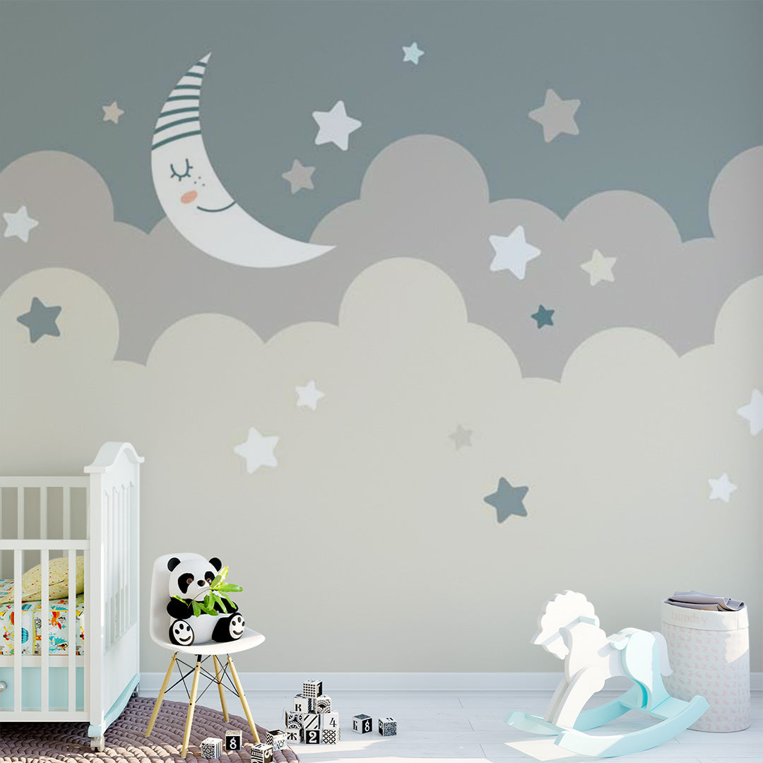 Kids Wall Murals Moon Blue Stars Nursery Wallpaper for Kids