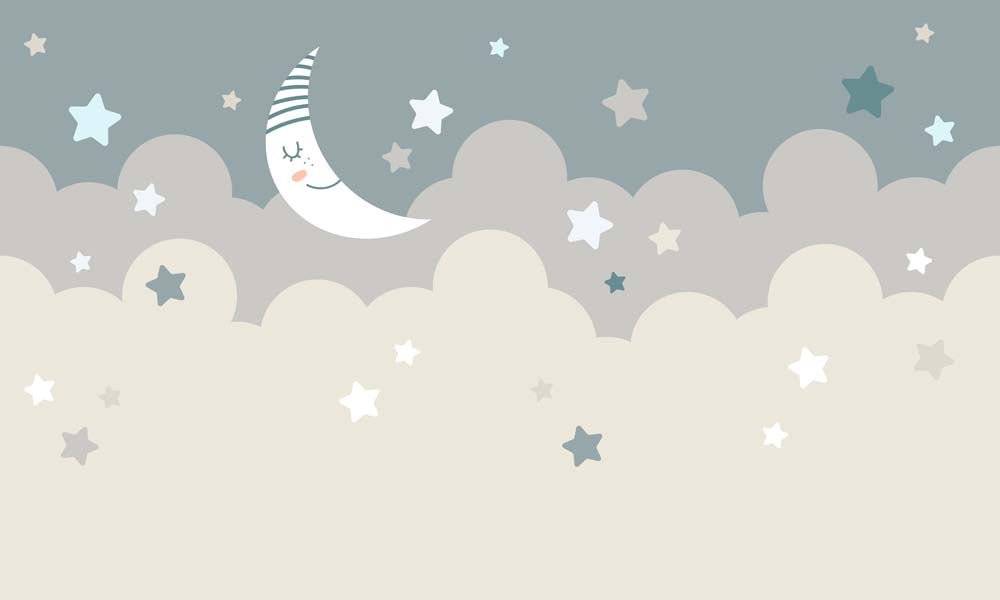Lächelnde Mondsichel, Wolken und Sterne – Babyzimmer-Fototapete