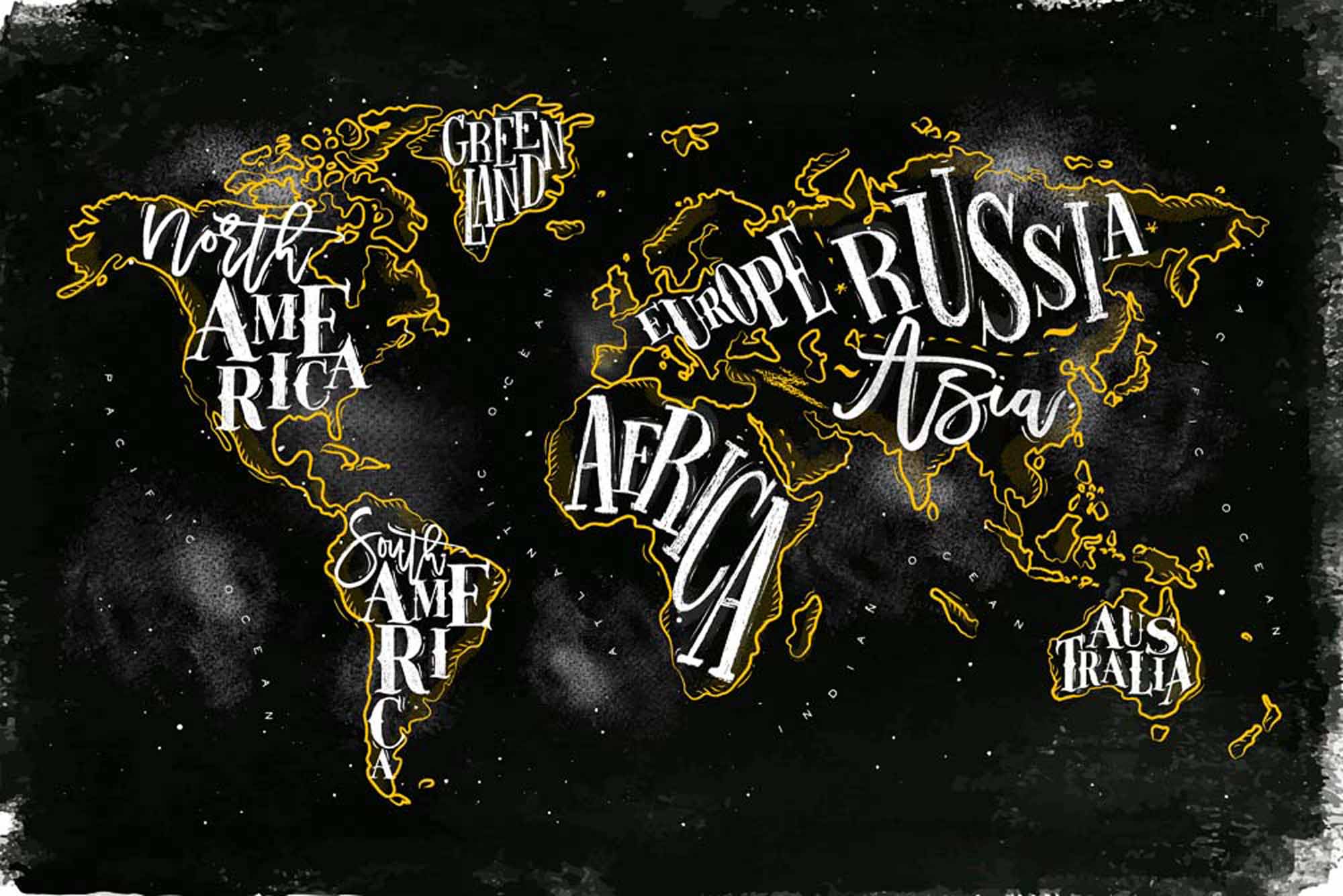 Bold Chalkboard-Style World Map Wall Mural Wallpaper with Hand-Lettered Typography