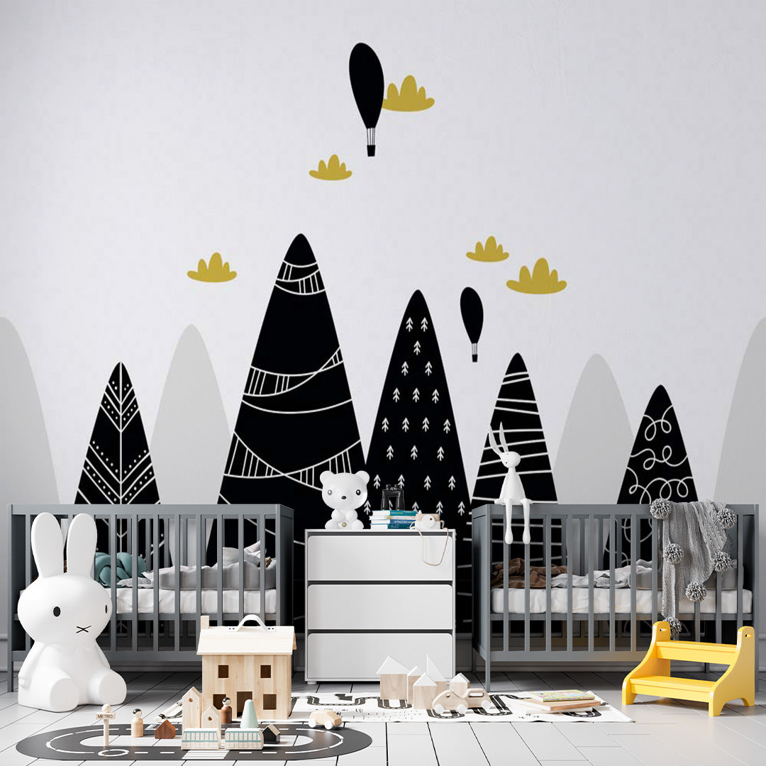 Kids Wall Murals Simple Design Black Mountains Nursery Wallpaper for Kids