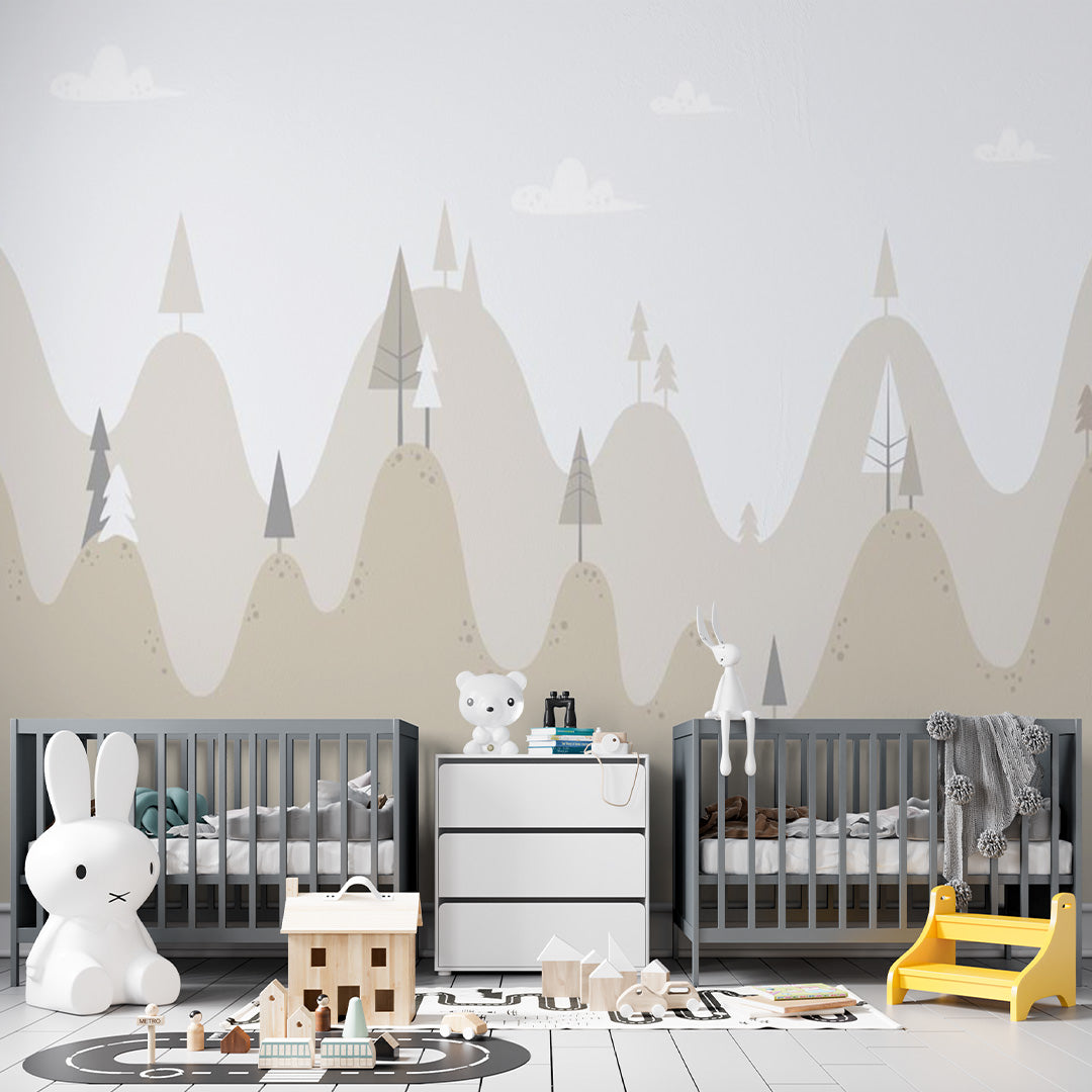 Kids Wall Murals Simple Design Beige Mountains Tree Nursery Wallpaper for Kids