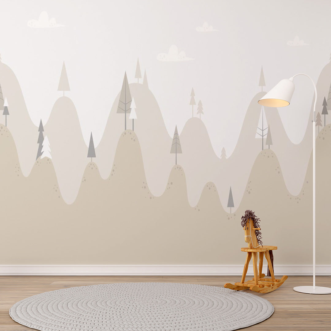 Kids Wall Murals Simple Design Beige Mountains Tree Nursery Wallpaper for Kids