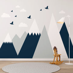 Custom Kids Wall Murals Scandinavian Black White Mountains Birds Nursery Wallpaper for Kids