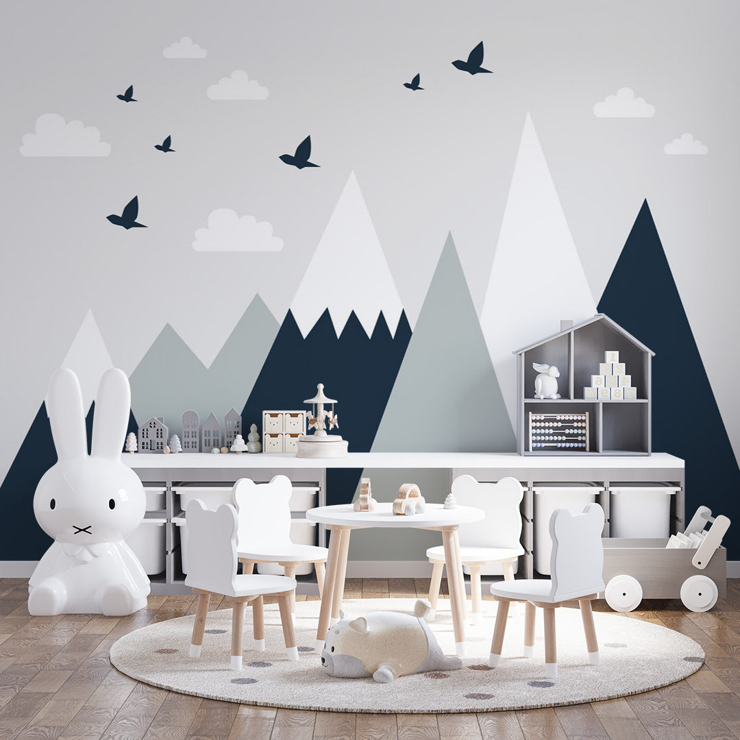 Kids Wall Murals Scandinavian Black White Mountains Birds Nursery Wallpaper for Kids