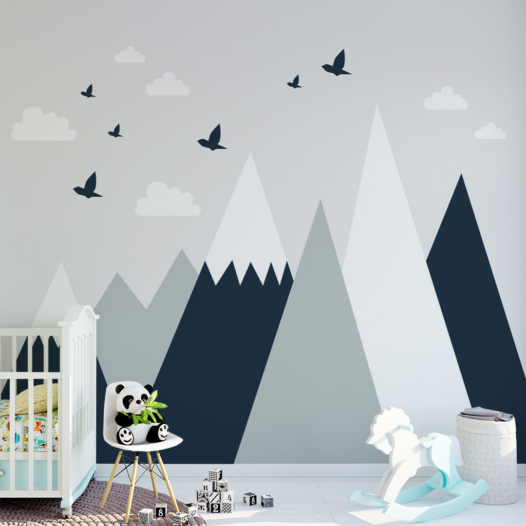 Kids Wall Murals Scandinavian Black White Mountains Birds Nursery Wallpaper for Kids