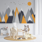 Kids Wall Murals Scandinavian Black Yellow Mountains Birds Wallpaper for Kids