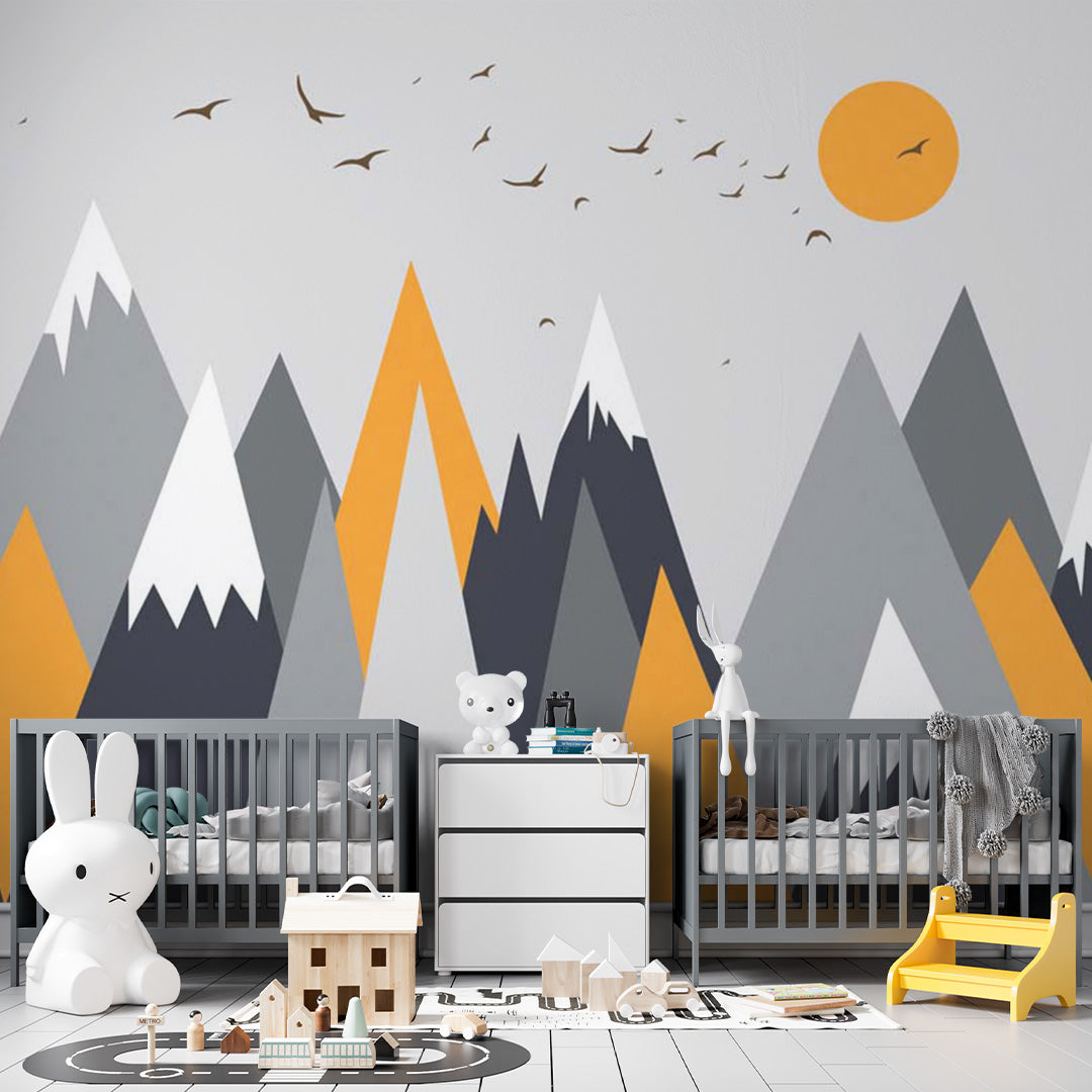 Kids Wall Murals Scandinavian Black Yellow Mountains Birds Wallpaper for Kids