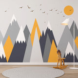 Kids Wall Murals Scandinavian Black Yellow Mountains Birds Wallpaper for Kids