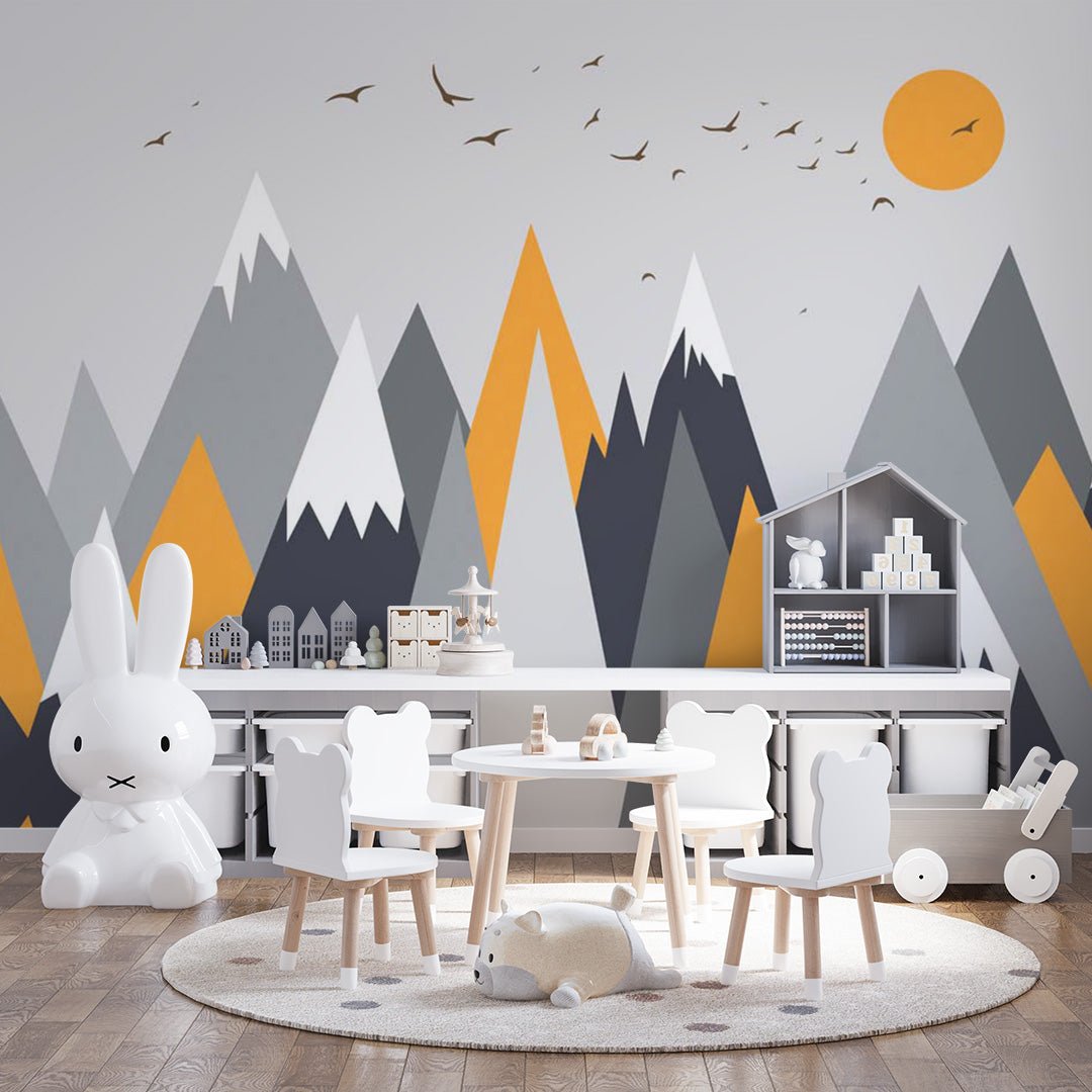 Kids Wall Murals Scandinavian Black Yellow Mountains Birds Wallpaper for Kids