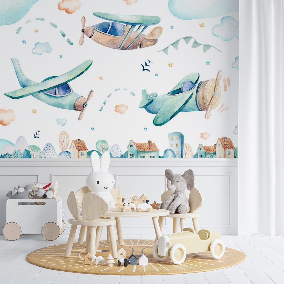 Kids Wall Mural Watercolor Airplanes Cartoon City Wallpaper for Kids