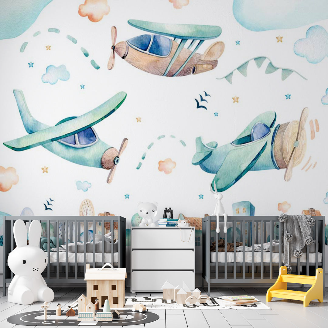 Kids Wall Mural Watercolor Airplanes Cartoon City Wallpaper for Kids