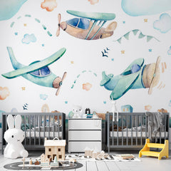 Custom Kids Wall Mural Watercolor Airplanes Cartoon City Wallpaper for Kids