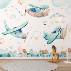 Custom Kids Wall Mural Watercolor Airplanes Cartoon City Wallpaper for Kids