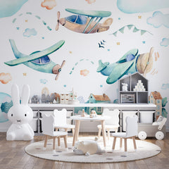 Custom Kids Wall Mural Watercolor Airplanes Cartoon City Wallpaper for Kids