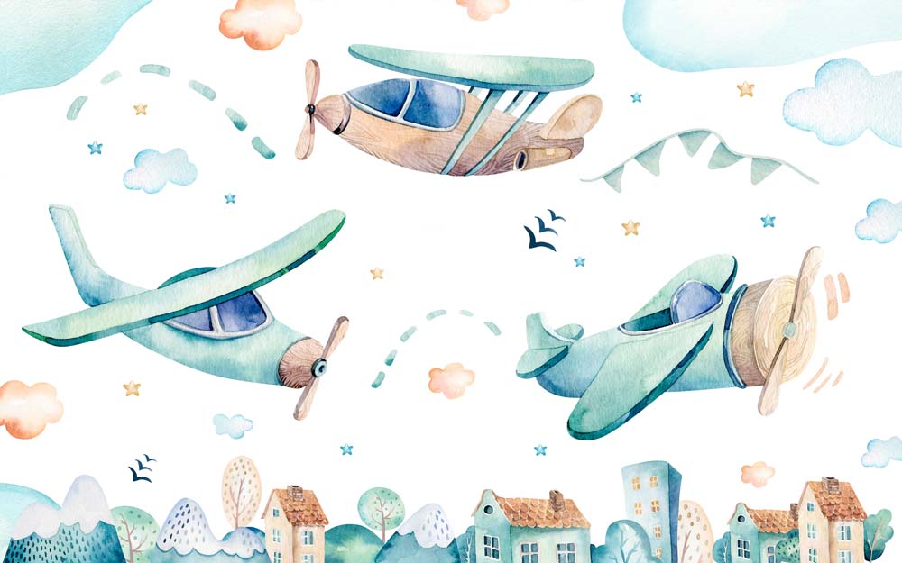 Papier peint avions de rêve au-dessus de la ville pour chambre d’enfant