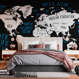 Modern Black and White World Map Wall Mural Wallpaper with Blue Hand-Lettered Oceans