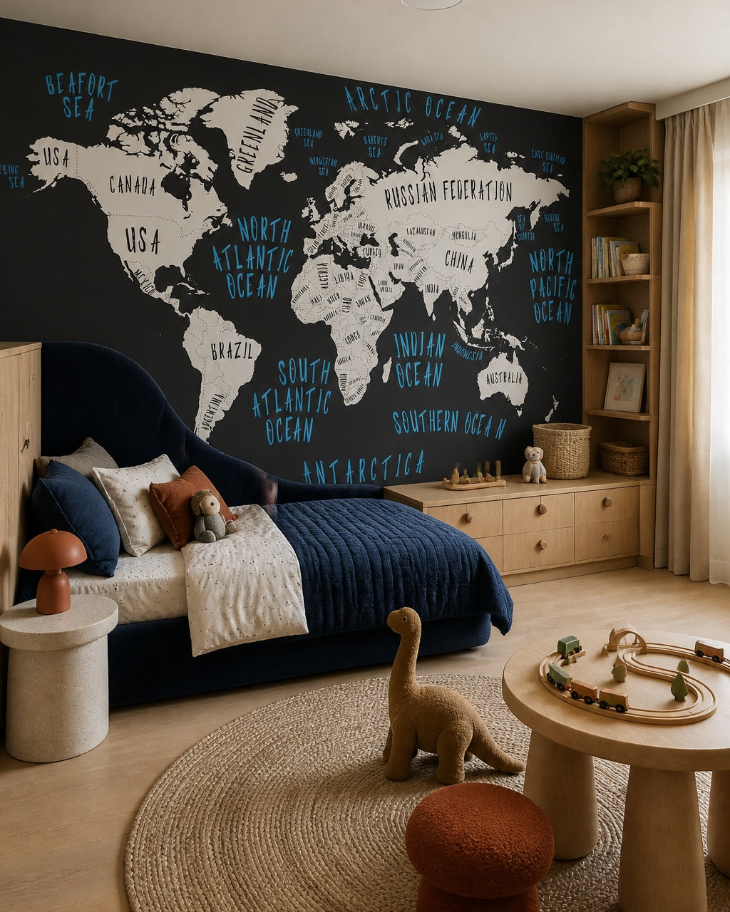 Black and white world map wallpaper in a toddler bedroom with a child-sized bed.