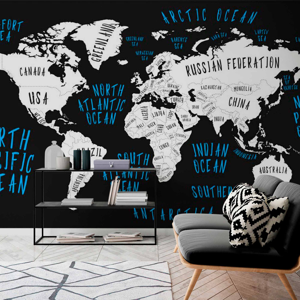 Modern Black and White World Map Wall Mural Wallpaper with Blue Hand-Lettered Oceans