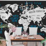 Modern Black and White World Map Wall Mural Wallpaper with Blue Hand-Lettered Oceans