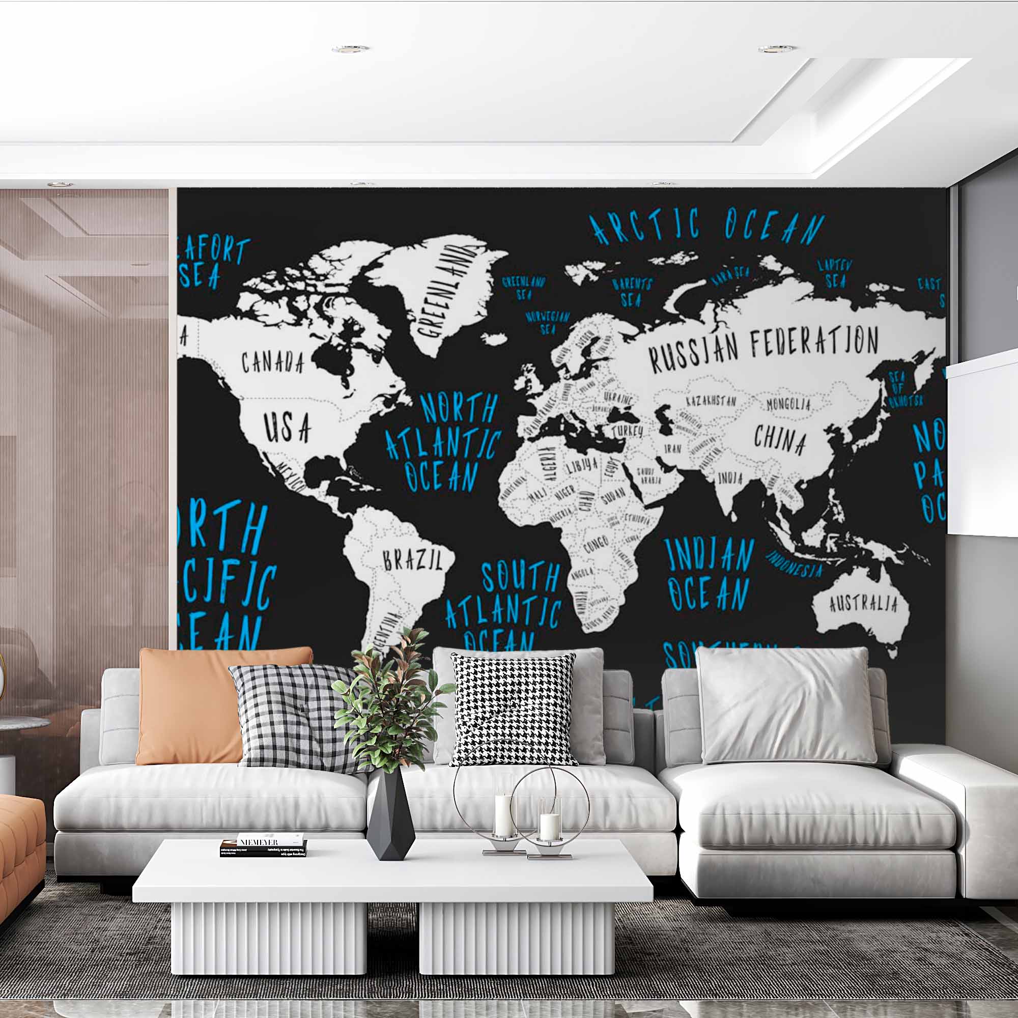 Modern Black and White World Map Wall Mural Wallpaper with Blue Hand-Lettered Oceans