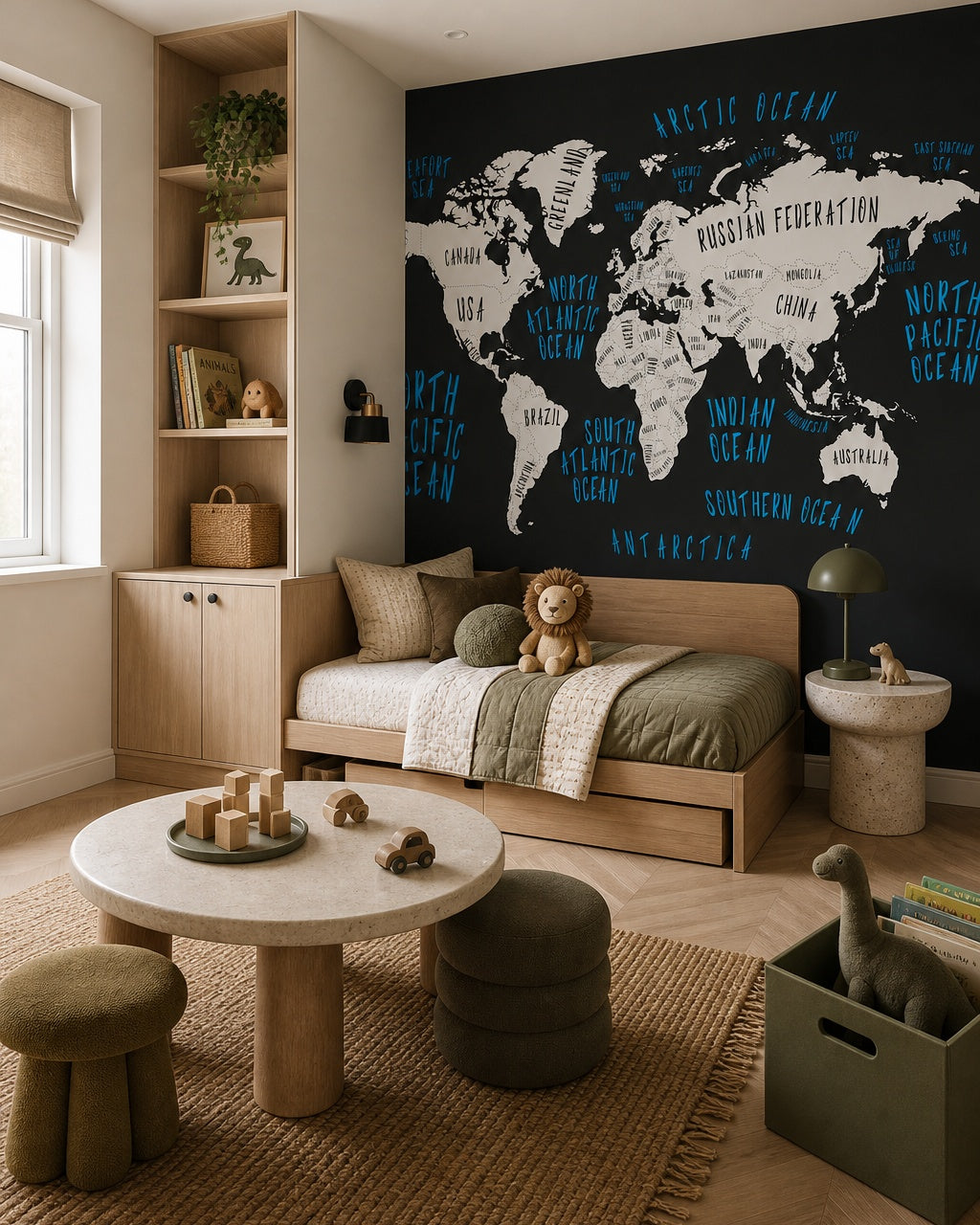 Black and white world map wallpaper in a boy’s bedroom.