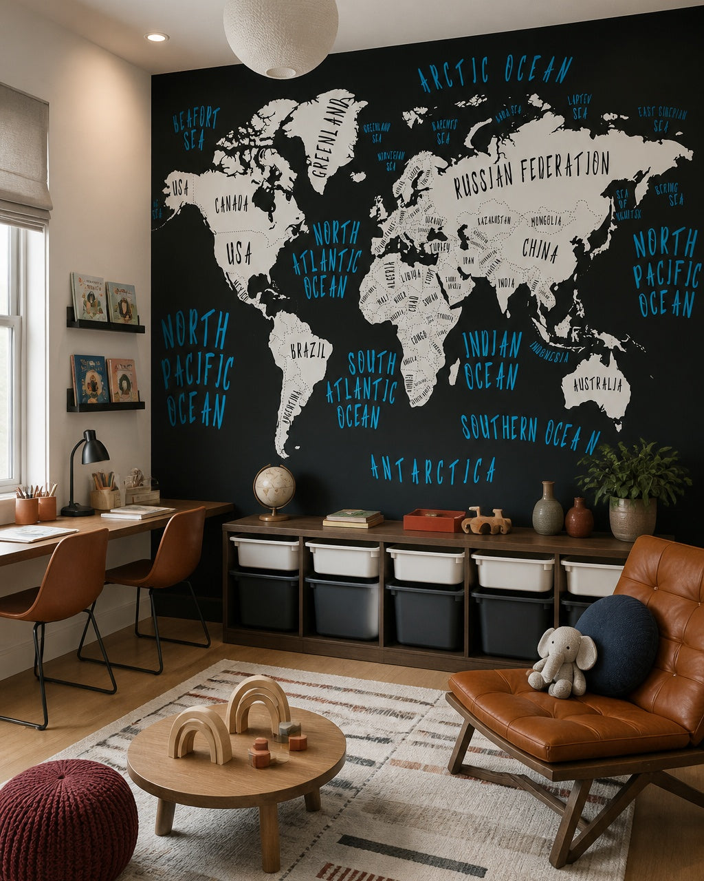 Black and white world map wallpaper in a children’s playroom.