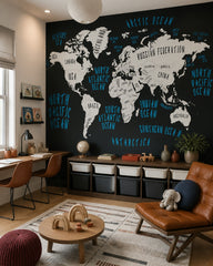 Black and white world map wallpaper in a children’s playroom.