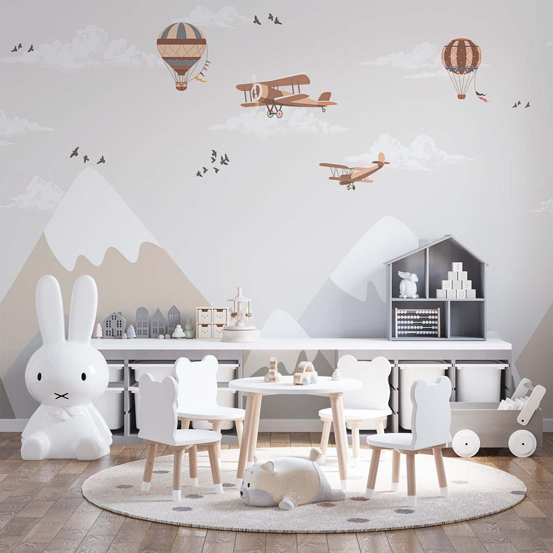 Kids Wall Mural Nordic Mountains Airplane Hot Air Ballon Wallpaper for Kids