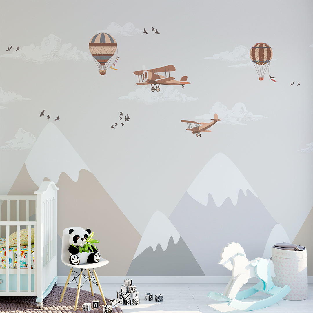 Kids Wall Mural Nordic Mountains Airplane Hot Air Ballon Wallpaper for Kids