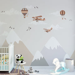 Custom Kids Wall Mural Nordic Mountains Airplane Hot Air Ballon Wallpaper for Kids