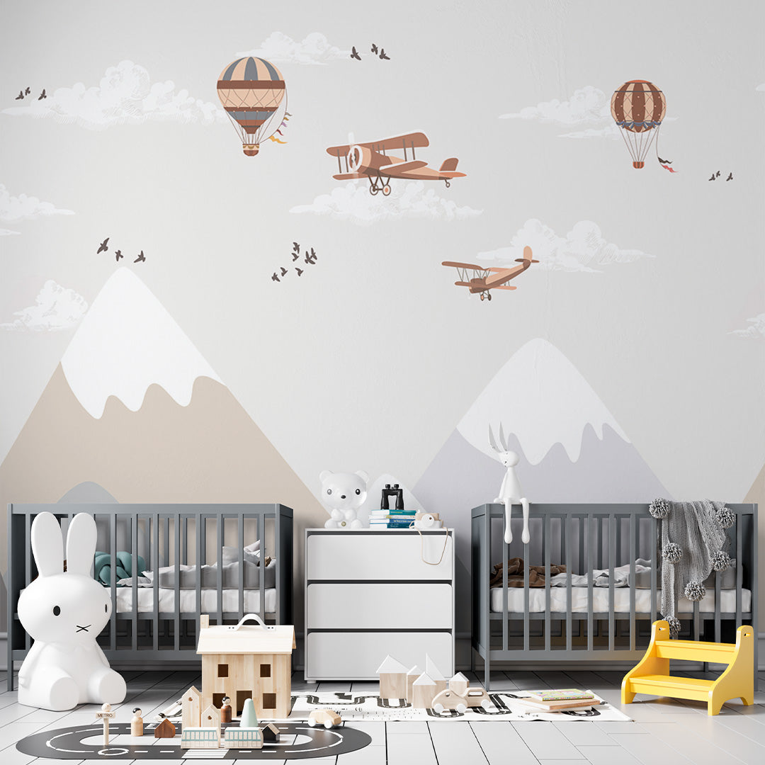 Kids Wall Mural Nordic Mountains Airplane Hot Air Ballon Wallpaper for Kids