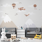 Kids Wall Mural Nordic Mountains Airplane Hot Air Ballon Wallpaper for Kids