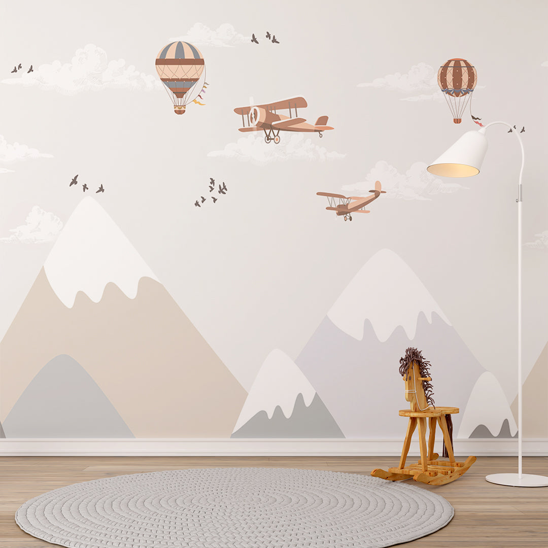 Kids Wall Mural Nordic Mountains Airplane Hot Air Ballon Wallpaper for Kids