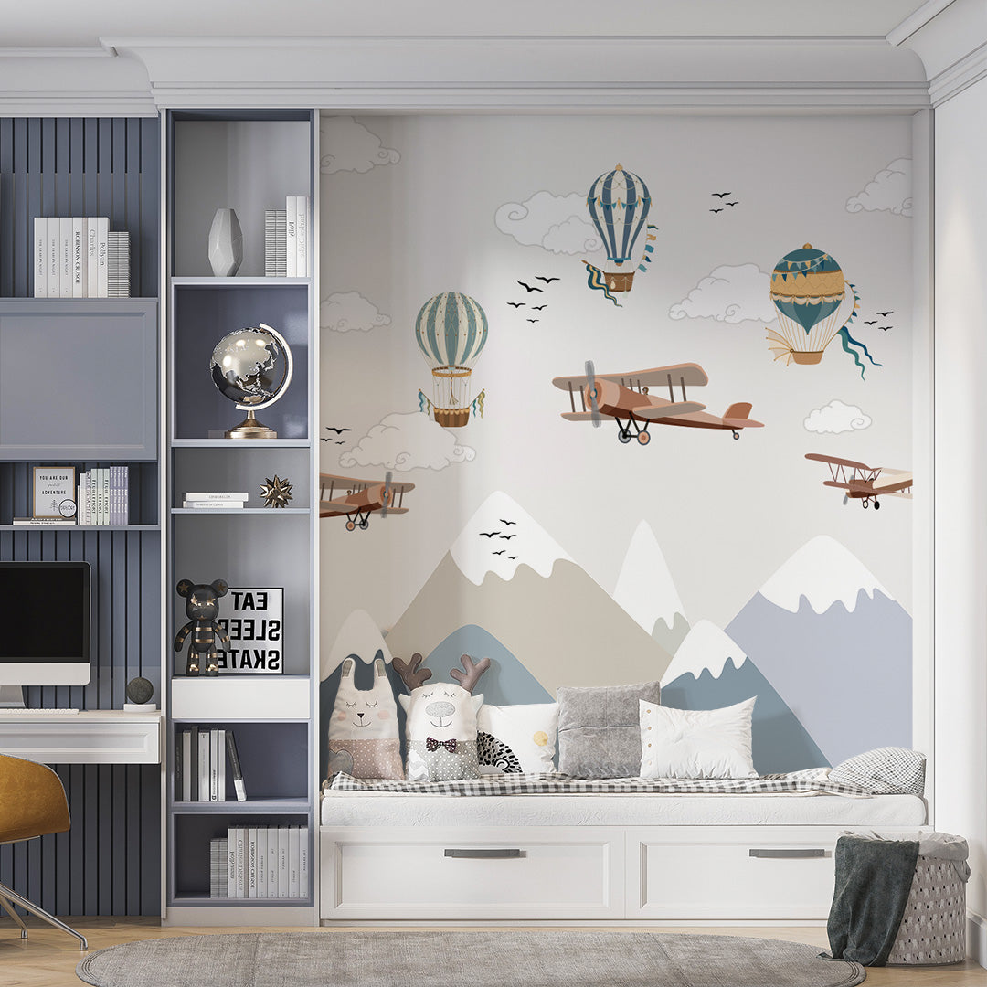 Kids Wall Murals Vintage Aircaft Mountains Airplanes Wallpaper for Kids