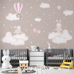 Custom "Kids Wall Mural Pink Clouds Hot Air Balloons Cute Rabbits Nursery Wallpaper "