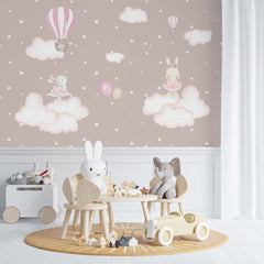 Custom "Kids Wall Mural Pink Clouds Hot Air Balloons Cute Rabbits Nursery Wallpaper "