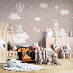 Custom "Kids Wall Mural Pink Clouds Hot Air Balloons Cute Rabbits Nursery Wallpaper "