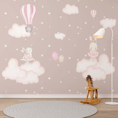 Custom "Kids Wall Mural Pink Clouds Hot Air Balloons Cute Rabbits Nursery Wallpaper "